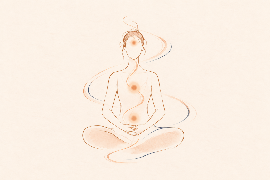 Illustration des trois Dan Tian du massage taoïste : bas-ventre, cœur et front