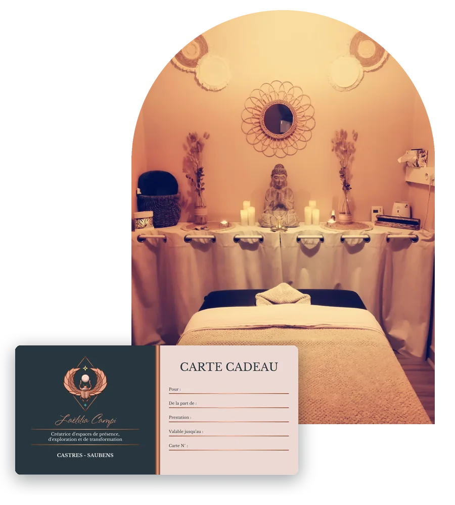 Carte cadeau massage devant la salle de soin du cabinet de Castres
